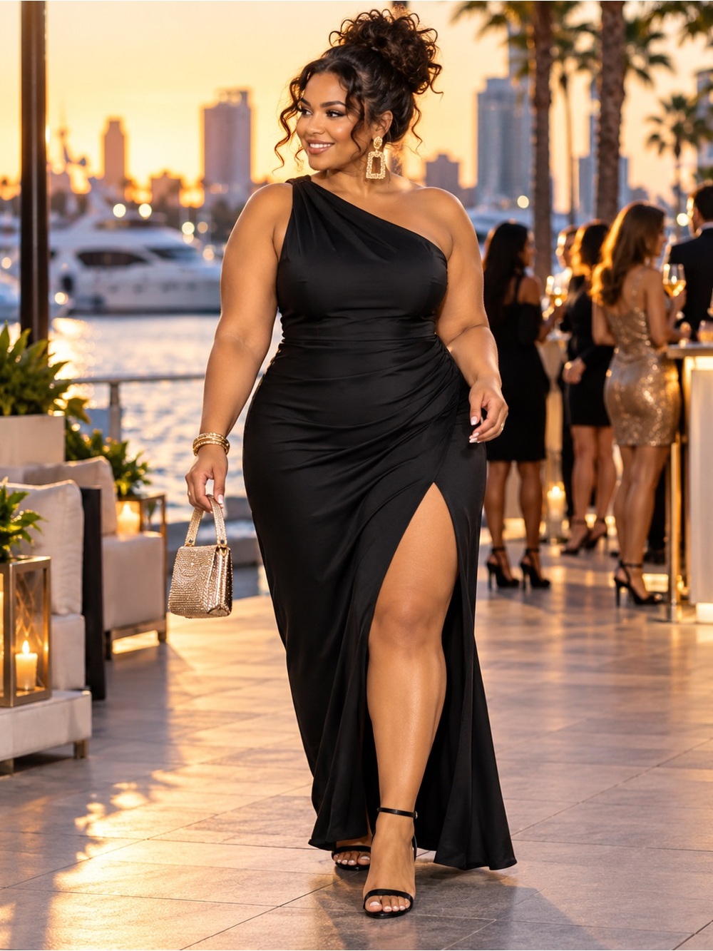 NWOT Lulus Black Satin One-Shoulder Maxi Dress Size 2X=20/22